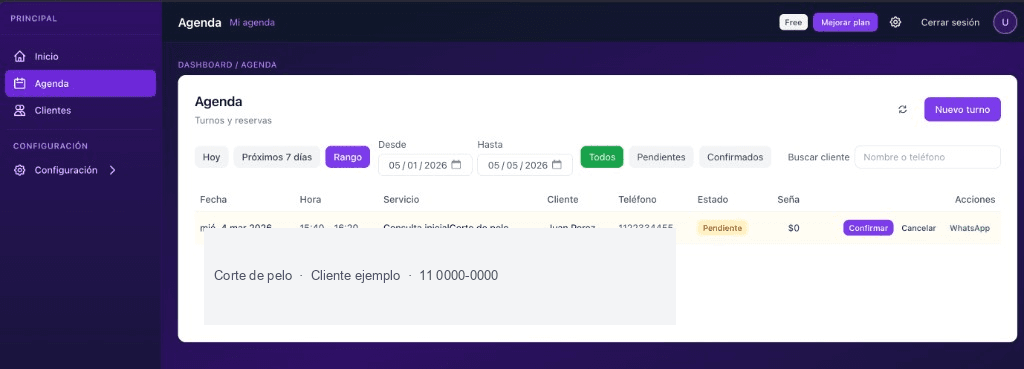 Captura del panel Agenda en TurnoSmart: listado de turnos con confirmar, cancelar y WhatsApp
