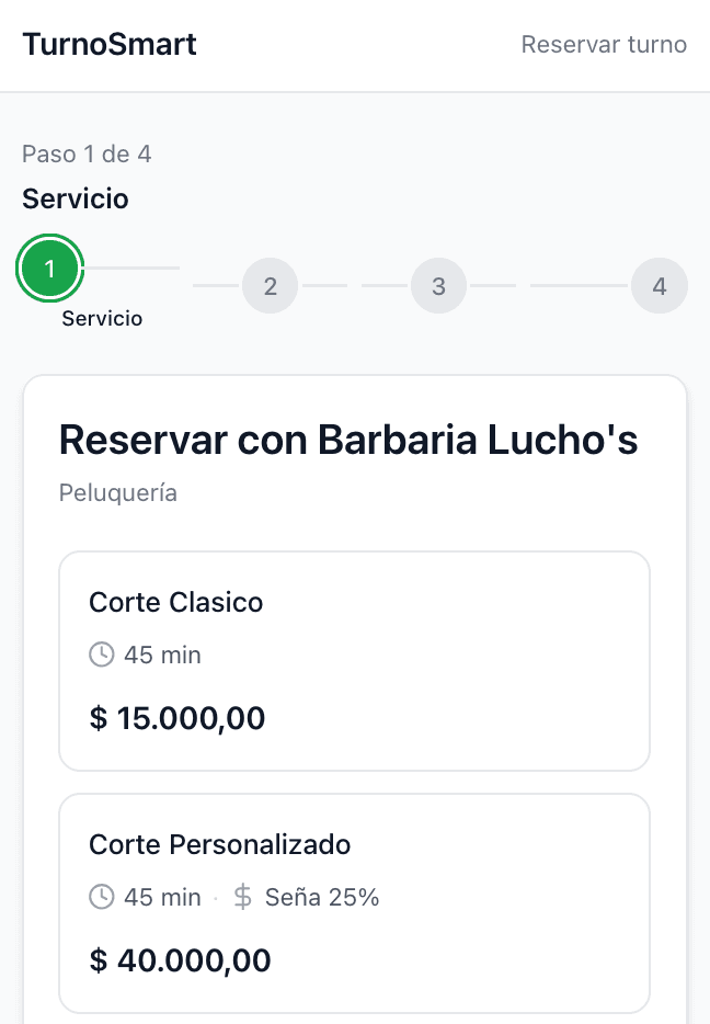 Vista de reserva pública con tus servicios y precios: reflejo de lo que configuraste en TurnoSmart