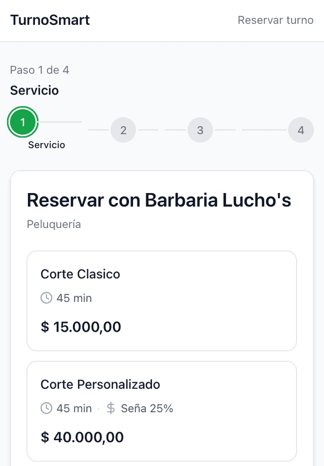 Paso 1: el cliente elige el servicio y ve los precios