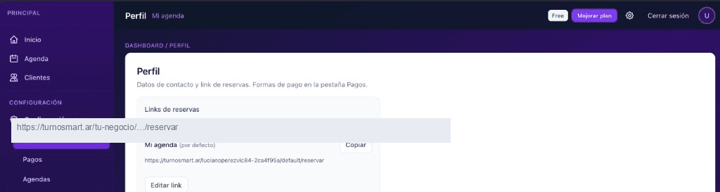 Panel Perfil: sección Links de reservas con botón Copiar